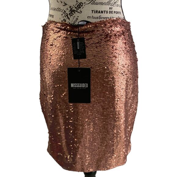 Y2K Futuristic Sequin Bodycon Mini Skirt Women's Size 6 Rose Gold Side Zip NEW - Picture 1 of 7